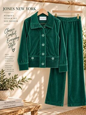 Jones New York Green Velour 2 Piece Jacket Pants Set Women’s Medium